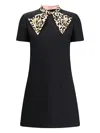 Valentino Embellished Pussy-bow Wool And Silk-blend Crepe Mini Dress In Black