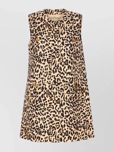 Valentino Animal Print Crewneck Midi Dress With Vlogo Pockets