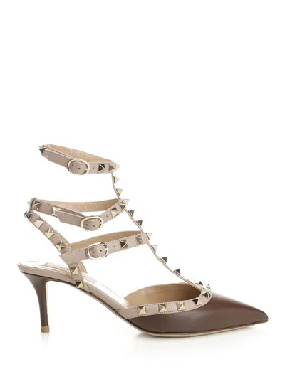 Valentino Garavani Ankle Strap | Rockstud | T. 65 | Vitello/nappa Light Mat/platinum Studs Pumps Brown