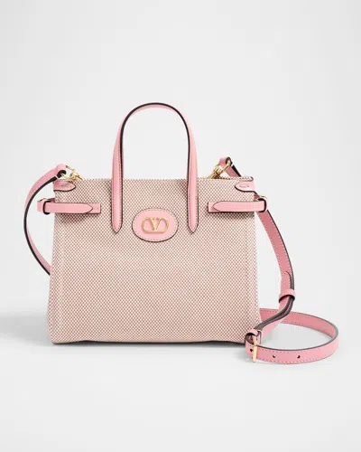 Valentino Garavani Antibes Canvas And Karung Shopping Tote Bag In Naturale Tobacco Peach Rose
