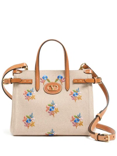 Valentino Garavani Antibes Floral Embroidered Canvas Shoulder Bag In Neutral