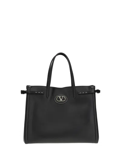 Valentino Garavani Borsa Tote In Pelle Nera Con Manici E Tracolla In Black