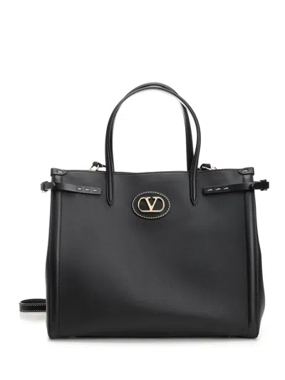 Valentino Garavani Borsa Tote In Pelle Nera Con Manici E Tracolla In Black