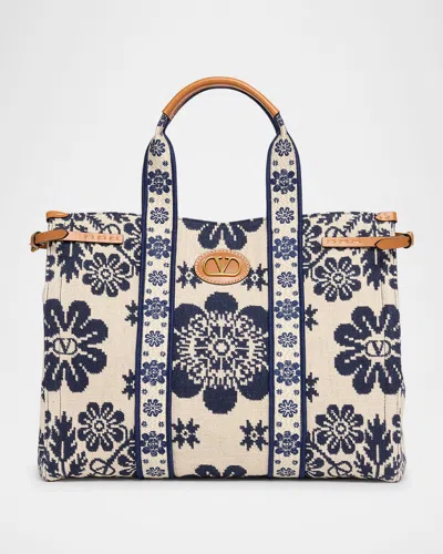 VALENTINO GARAVANI ANTIBES JACQUARD FLOWER CANVAS TOTE BAG