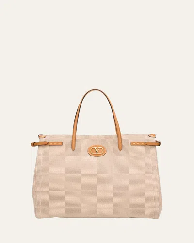 Valentino Garavani Antibes Large Canvas Tote Bag In Naturale-tobacconatural Camel