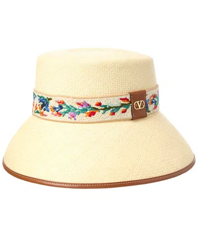 Valentino Garavani Valentino Antibes Logo Plaque Leather-trim Bucket Hat In Sand