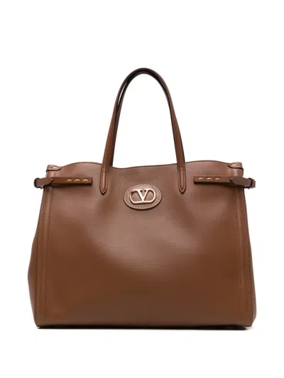 Valentino Garavani Antibes Logo Topstitch Tote Bag In Brown