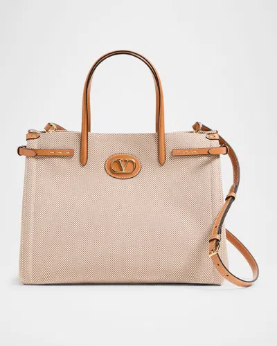 Valentino Garavani Antibes Medium Canvas Shopping Tote Bag In Naturale Tobacco