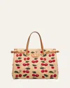 Valentino Antibes Medium Cherry Tote Bag In Cotton Jacquard In Brown