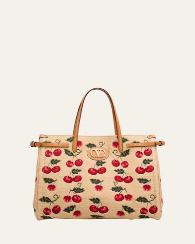 Valentino Garavani Antibes Medium Cherry Tote Bag In Cotton Jacquard In Brown