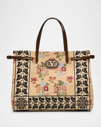 Valentino Garavani Antibes Medium Flower & Leaves Jacquard Tote Bag In Multi Tabac Brown