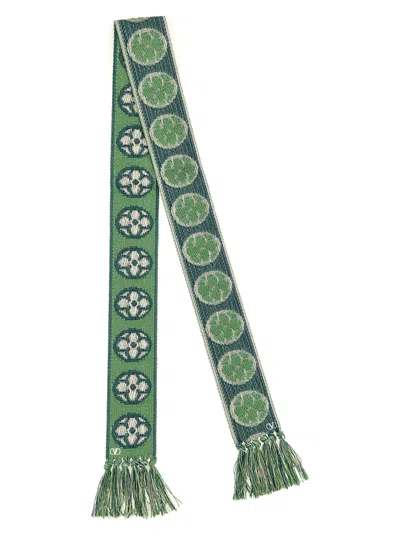 Valentino 'antibes' Scarf With Fringe Detailing And Geometric Pattern In Gold/blue/water Green Lurex