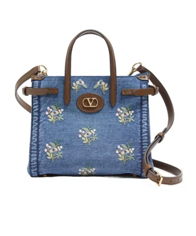 Valentino Garavani Antibes Small Embroidered Denim Shopping Bag In Blue