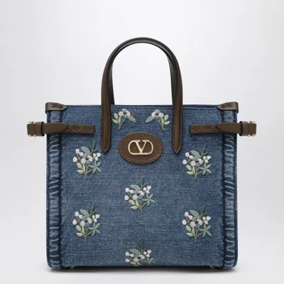 Valentino Garavani Antibes Small Embroidered Denim Shopping Bag In Blue