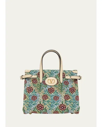 Valentino Garavani Antibes Small Floral Woven Tote Bag In Brown