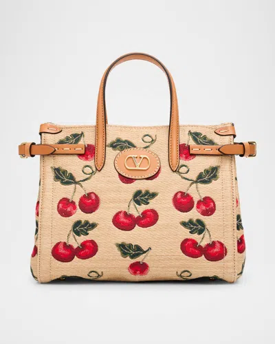 VALENTINO GARAVANI ANTIBES SMALL RAFFIA CHERRY JACQUARD TOTE BAG