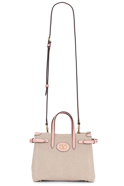 Valentino Garavani Antibes Small Tote Bag In Naturale  Tobacco  & Peach Rose