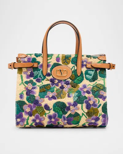 Valentino Garavani Antibes Small Violet Flower Raffia Tote Bag In Natural Multi Camel