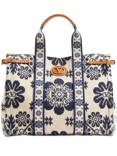 Valentino Garavani Antibes Large Leather-trimmed Floral-jacquard Tote In Ivory