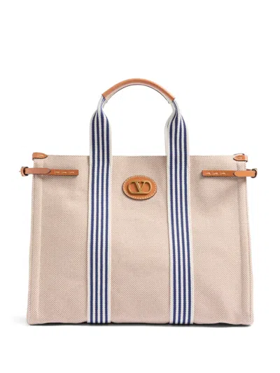 Valentino Garavani Two-tone Canvas Vlogo Shopping Bag In Neutral