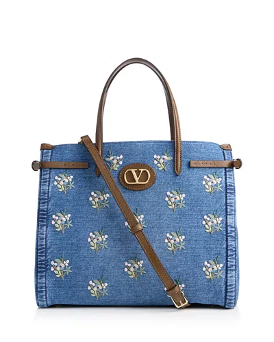 Valentino Garavani Antibes Vlogo Medium Embroidered Denim Tote In Blue