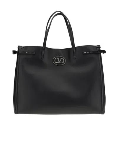 Valentino Garavani Borsa Tote In Pelle Nera Con Manici E Tracolla In Black