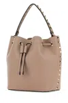Valentino Antiqued Pink Leather Rockstud Bucket Bag In Poudre