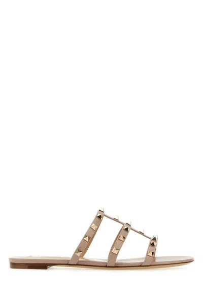 Valentino Garavani Antiqued Pink Leather Rockstud Slippers