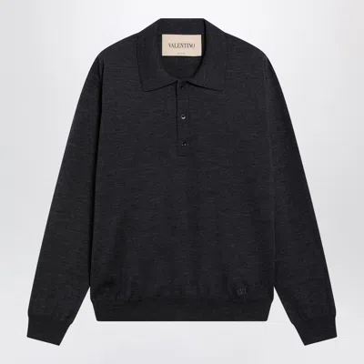 Valentino Wool Polo Shirt With Vlogo Embroidery In Anthracite In Black