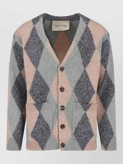 Valentino Argyle Knit Crewneck Jacket Pockets In Multi
