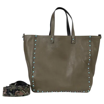 Pre-owned Valentino Garavani Valentino Army & Black Leather Reversible Rockstud Rolling Medium Tote Bag