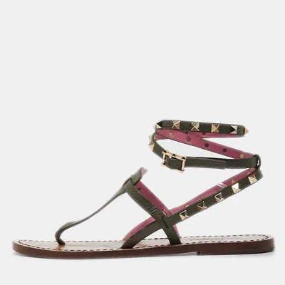 Pre-owned Valentino Garavani Army Green Leather Rockstud Ankle Wrap Flat Sandals Size 38.5