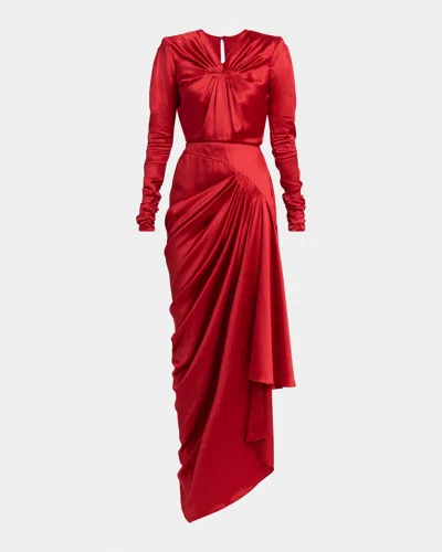 Valentino Asymmetric Draped Satin Long-sleeve Gown In Red