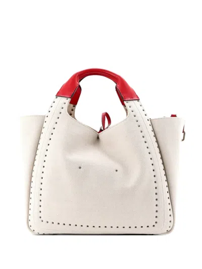 Pre-owned Valentino Garavani Atelier 01 Studded Canvas Medium Tote Bag In Neutral