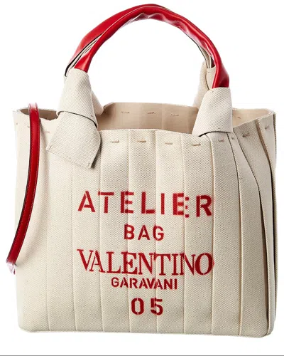 Valentino Garavani Valentino Atelier 05 Plisse Edition Medium Canvas & Leather Tote In Neutral
