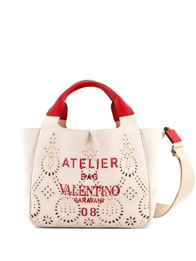 Pre-owned Valentino Garavani Atelier Convertible Canvas Medium Tote Bag In Neutral