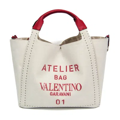 Valentino Garavani Atelier Leather Canvas Shoulder Tote Bag Red White