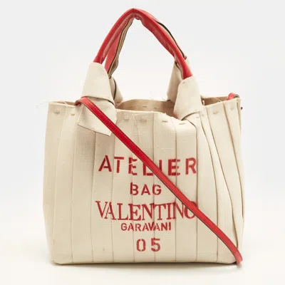 Pre-owned Valentino Garavani Atelier Pleated Red/beige Canvas And Leather Tote