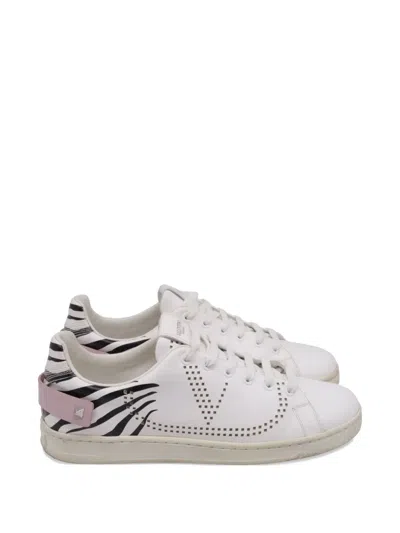 Pre-owned Valentino Garavani Backnet V-logo Zebra-print Leather Sneakers In White