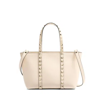 Valentino Garavani Sand Leather Small Rockstud Shopping Bag In Neutral