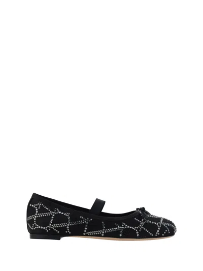 Valentino Garavani Crystal Studded Bow Ballerina Flats In Black