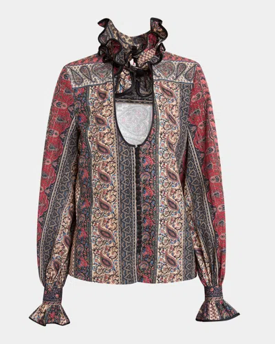 VALENTINO BALZA VOYAGE LAME RUFFLE CUTOUT BLOUSE