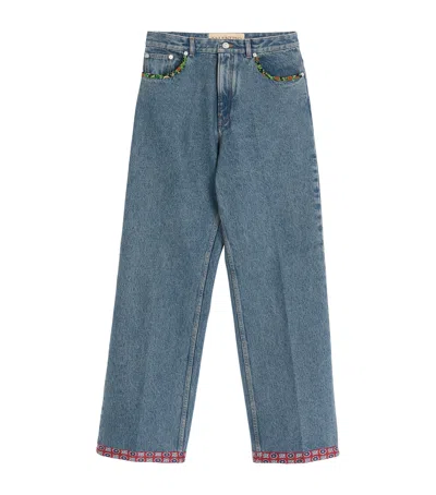 Valentino Denim Trousers With Printed Border In Blue