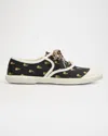 Valentino Black Cotton Sneakers With Floral Pattern And Rubber Sole In Nero-rosa-verde/ivory/ivory