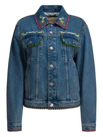 Valentino Beaded-embroidery Denim Jacket In Blue