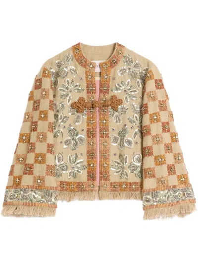 Valentino Garavani Linen Blazer With Intricate Ethnic Embroidery In Brown