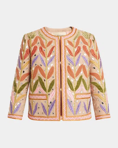 Valentino Beaded Leaf-embroidered Linen Jacket In Neutral