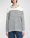 Valentino Embellished Striped Ribbed Cotton Sweater In Navy Multi