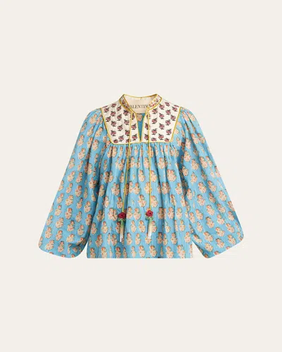 VALENTINO BEADED PINSTRIPE FLORAL-PRINT BLOUSE
