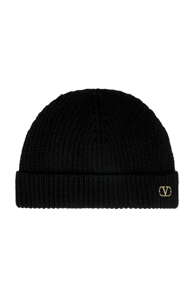 Valentino Garavani Cashmere Ribbed Texture Beanie With Turn-up Brim In Black